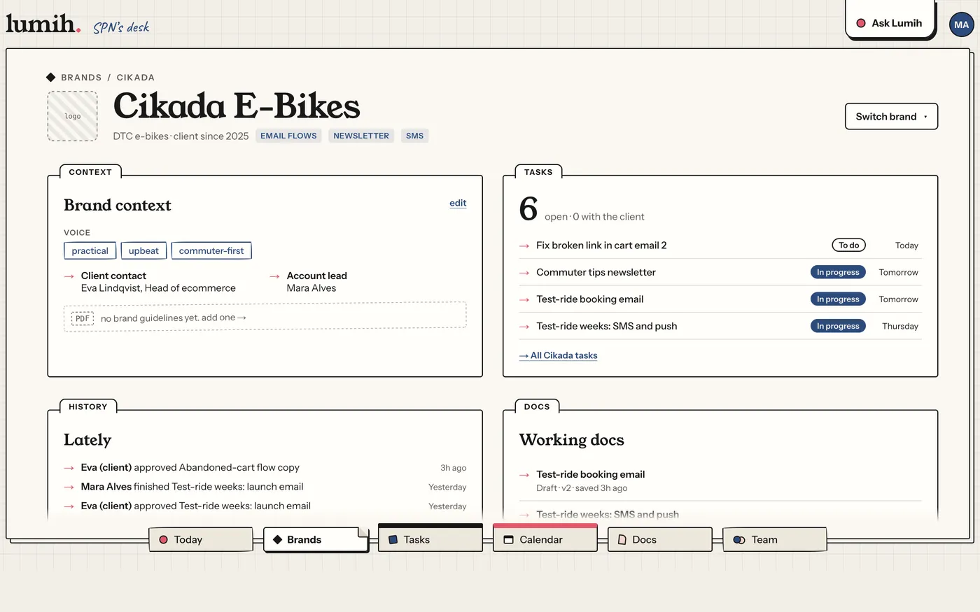 Cikada E-Bikes client page: voice tags (practical, upbeat, commuter-first), client contact and account lead, and open tasks.
