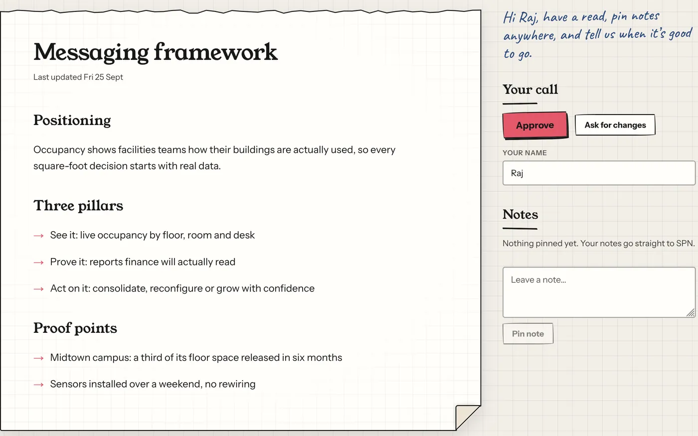 What the client sees: the messaging framework doc, with Approve and Ask for changes buttons and a notes box — no login.