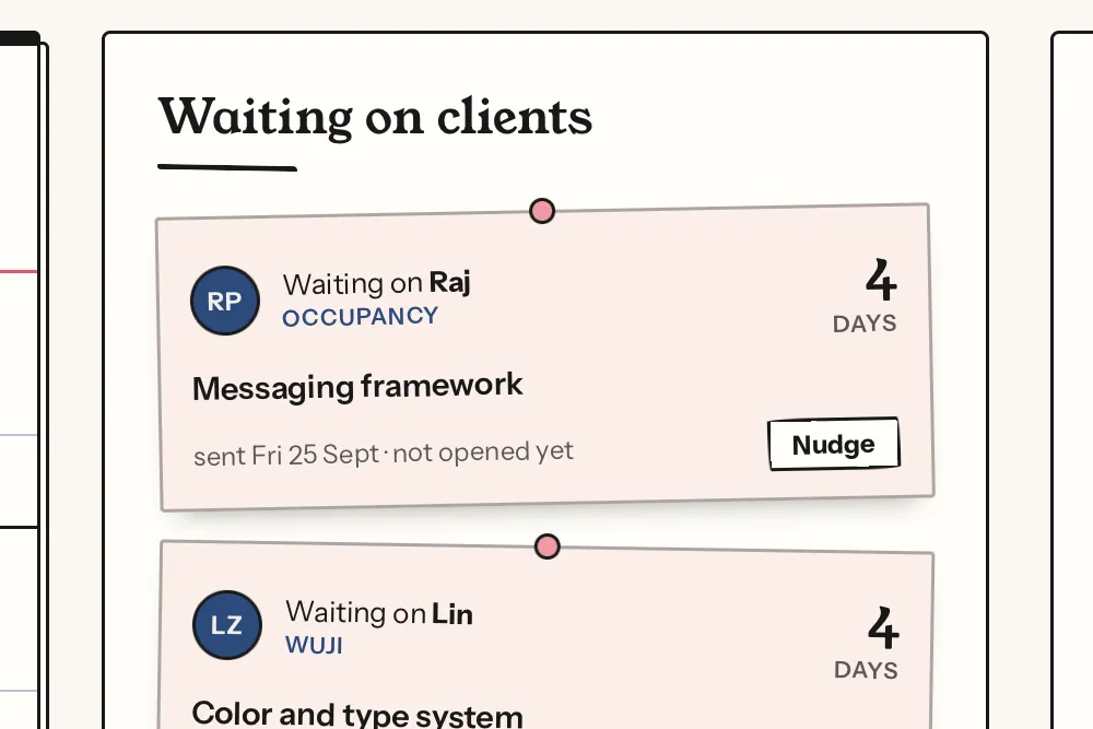 Waiting on clients: Raj at Occupancy has had the messaging framework for 4 days and hasn't opened it yet, with a Nudge button.