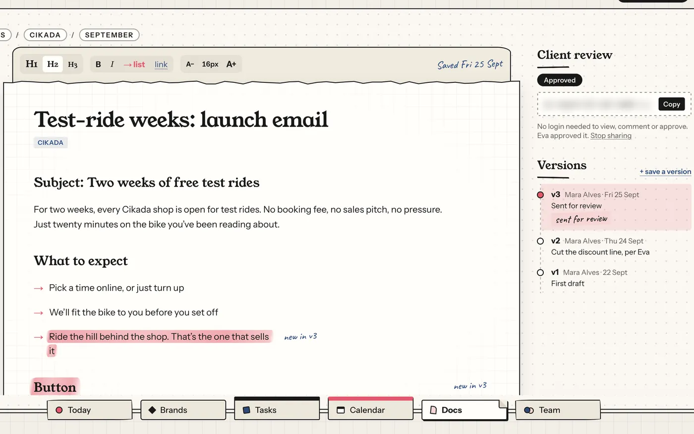 Writing pad: the Test-ride weeks launch email draft, marked approved in client review, with its version history alongside.